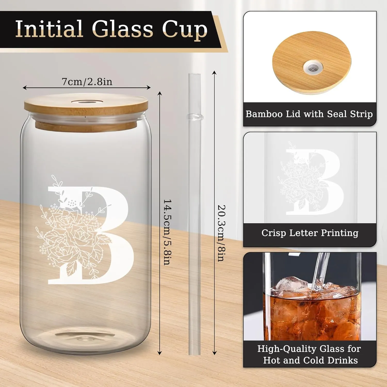 Custom Glass Cup & Makeup Bag Set - Personalized Gifts for Women, Initial 16 oz Glass Tumbler with Lid & Straw, Monogram Makeup Bag - Birthday Gifts For Women, Mother's Day Presents(B)