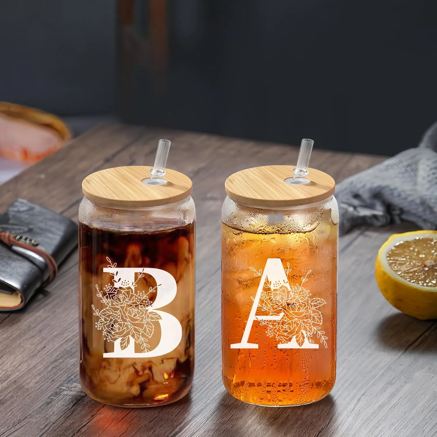 Custom Glass Cup & Makeup Bag Set - Personalized Gifts for Women, Initial 16 oz Glass Tumbler with Lid & Straw, Monogram Makeup Bag - Birthday Gifts For Women, Mother's Day Presents(B)