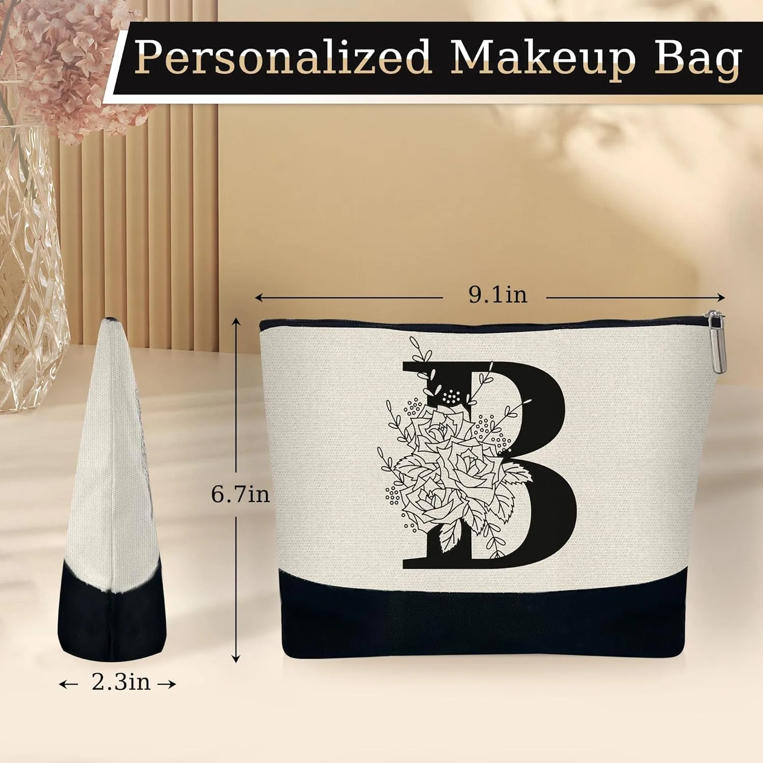 Custom Glass Cup & Makeup Bag Set - Personalized Gifts for Women, Initial 16 oz Glass Tumbler with Lid & Straw, Monogram Makeup Bag - Birthday Gifts For Women, Mother's Day Presents(B)