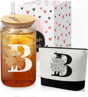 Custom Glass Cup & Makeup Bag Set - Personalized Gifts for Women, Initial 16 oz Glass Tumbler with Lid & Straw, Monogram Makeup Bag - Birthday Gifts For Women, Mother's Day Presents(B)