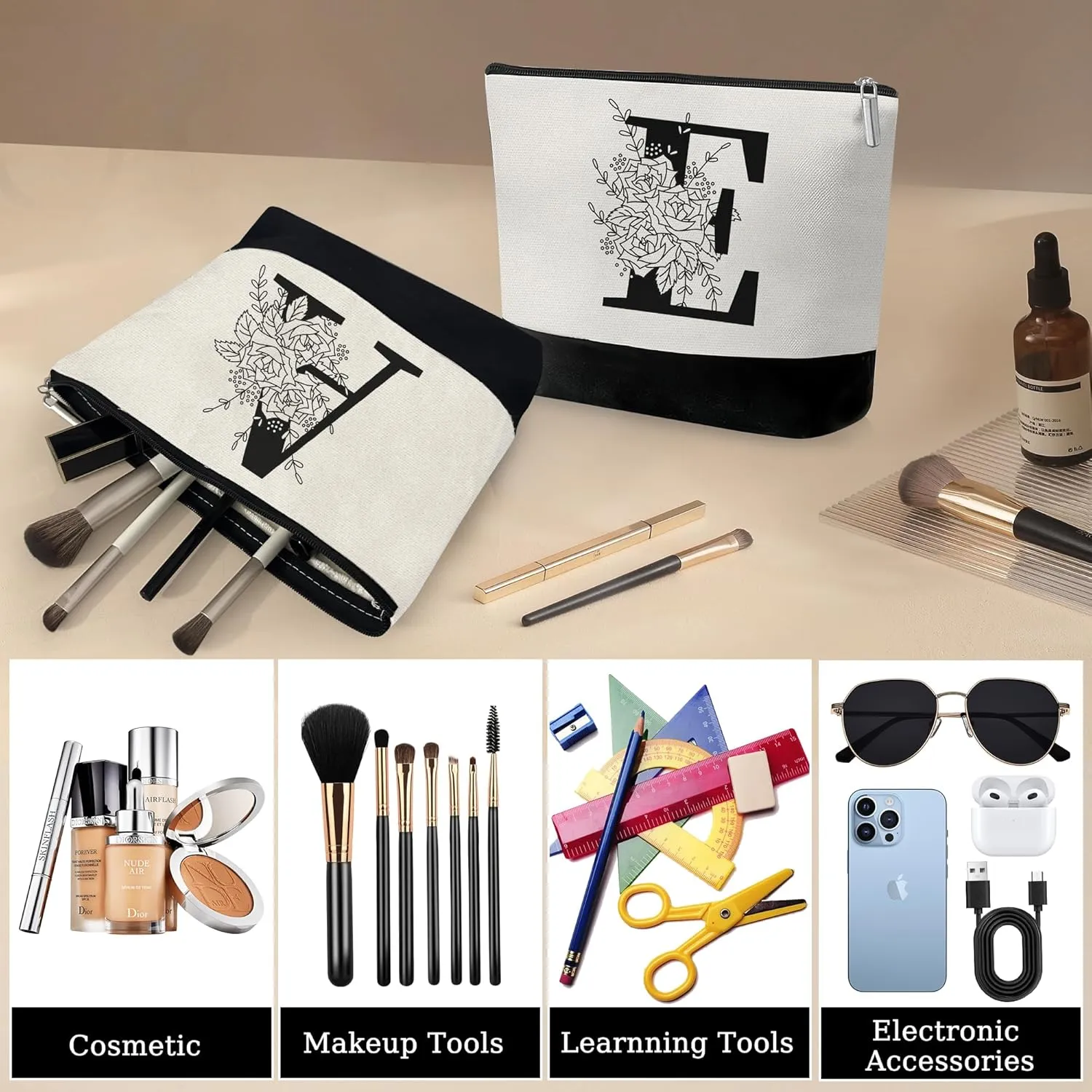Custom Glass Cup & Makeup Bag Set - Personalized Gifts for Women, Initial 16 oz Glass Tumbler with Lid & Straw, Monogram Makeup Bag - Birthday Gifts For Women, Mother's Day Presents(E)