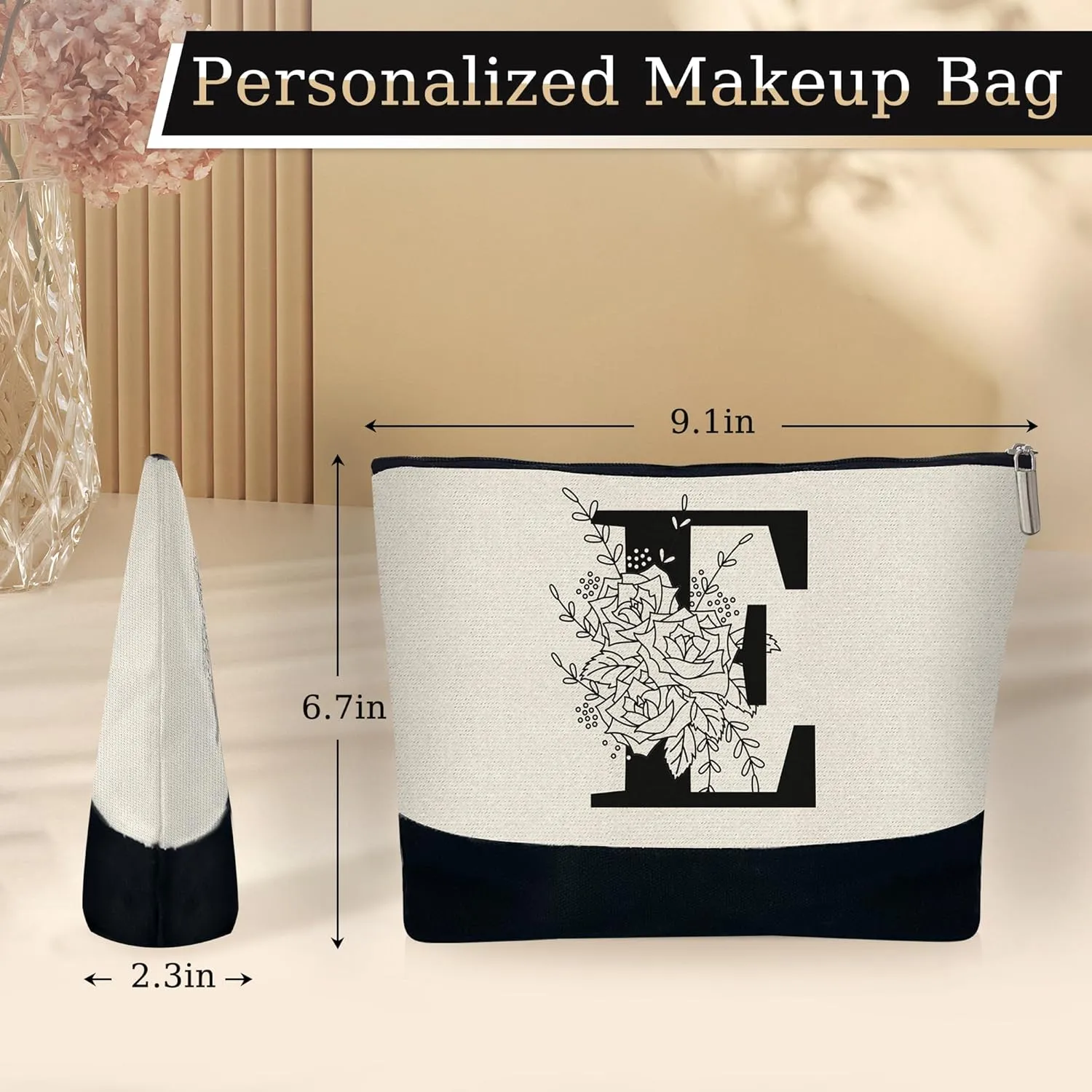 Custom Glass Cup & Makeup Bag Set - Personalized Gifts for Women, Initial 16 oz Glass Tumbler with Lid & Straw, Monogram Makeup Bag - Birthday Gifts For Women, Mother's Day Presents(E)