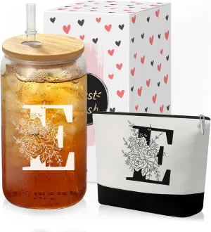 Custom Glass Cup & Makeup Bag Set - Personalized Gifts for Women, Initial 16 oz Glass Tumbler with Lid & Straw, Monogram Makeup Bag - Birthday Gifts For Women, Mother's Day Presents(E)