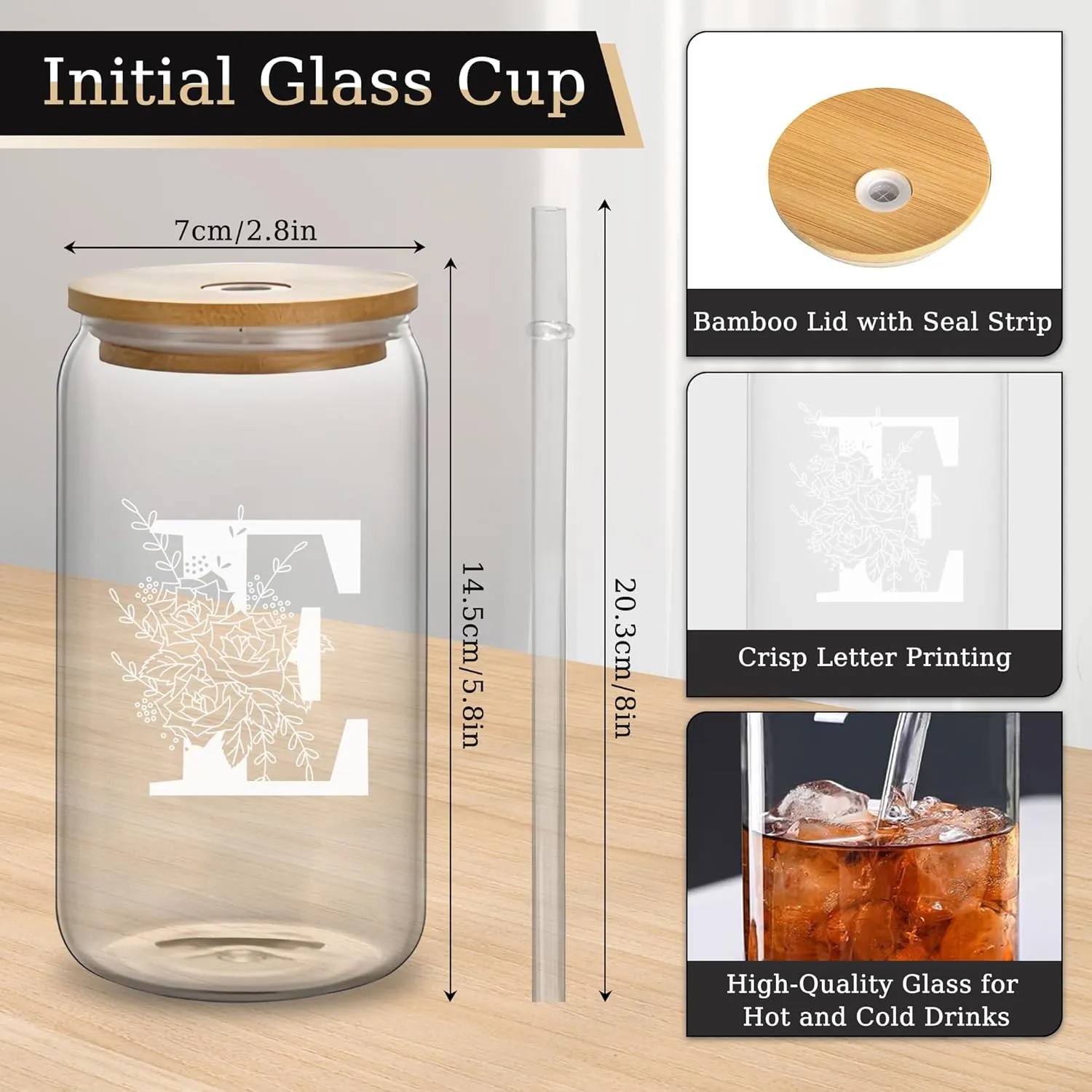 Custom Glass Cup & Makeup Bag Set - Personalized Gifts for Women, Initial 16 oz Glass Tumbler with Lid & Straw, Monogram Makeup Bag - Birthday Gifts For Women, Mother's Day Presents(E)