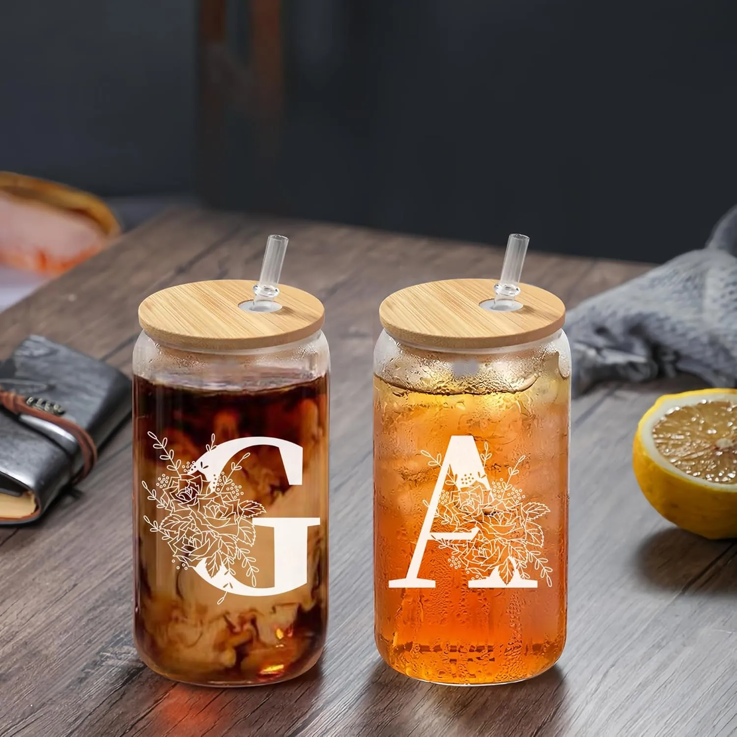 Custom Glass Cup & Makeup Bag Set - Personalized Gifts for Women, Initial 16 oz Glass Tumbler with Lid & Straw, Monogram Makeup Bag - Birthday Gifts For Women, Mother's Day Presents(G)