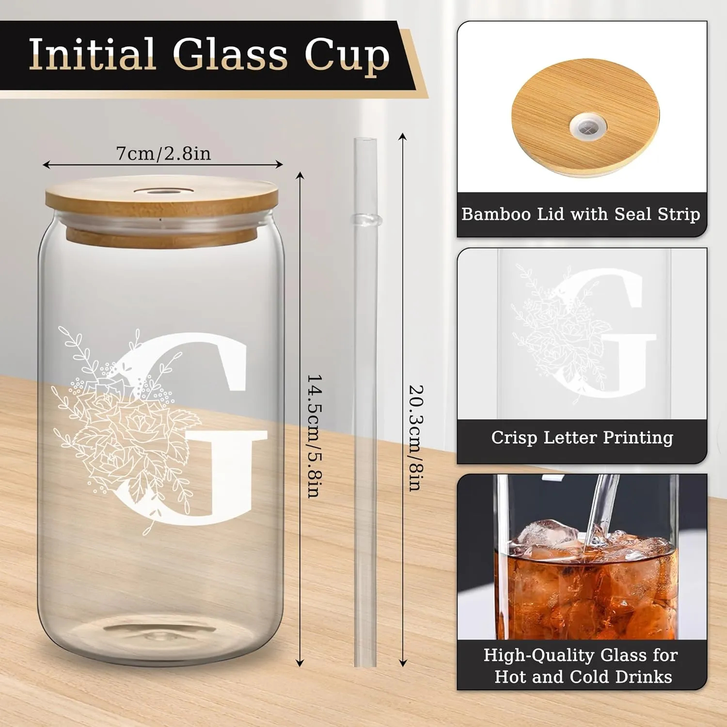 Custom Glass Cup & Makeup Bag Set - Personalized Gifts for Women, Initial 16 oz Glass Tumbler with Lid & Straw, Monogram Makeup Bag - Birthday Gifts For Women, Mother's Day Presents(G)