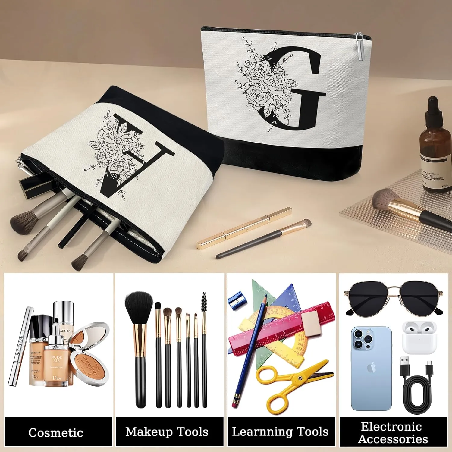Custom Glass Cup & Makeup Bag Set - Personalized Gifts for Women, Initial 16 oz Glass Tumbler with Lid & Straw, Monogram Makeup Bag - Birthday Gifts For Women, Mother's Day Presents(G)