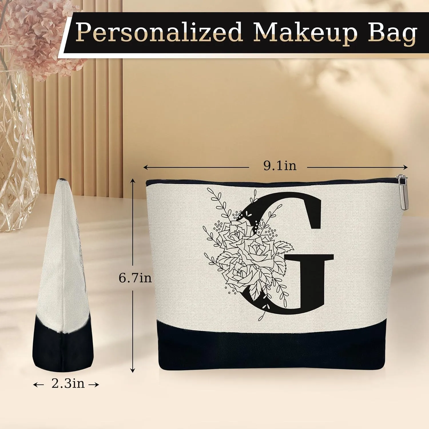 Custom Glass Cup & Makeup Bag Set - Personalized Gifts for Women, Initial 16 oz Glass Tumbler with Lid & Straw, Monogram Makeup Bag - Birthday Gifts For Women, Mother's Day Presents(G)