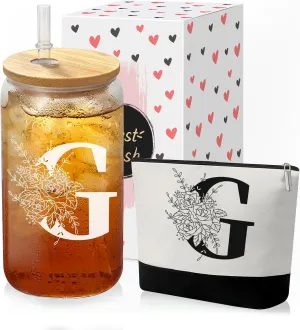 Custom Glass Cup & Makeup Bag Set - Personalized Gifts for Women, Initial 16 oz Glass Tumbler with Lid & Straw, Monogram Makeup Bag - Birthday Gifts For Women, Mother's Day Presents(G)