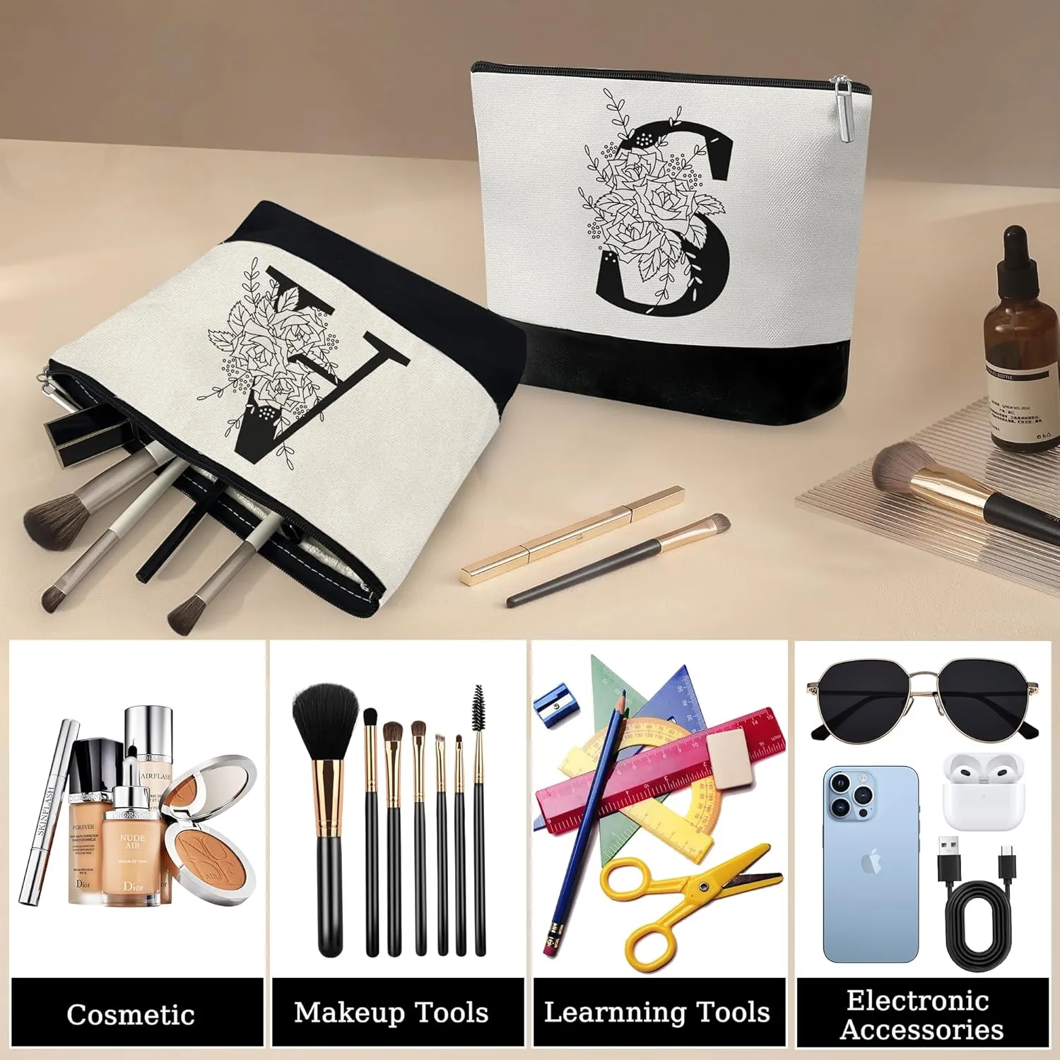 Custom Glass Cup & Makeup Bag Set - Personalized Gifts for Women, Initial 16 oz Glass Tumbler with Lid & Straw, Monogram Makeup Bag - Birthday Gifts For Women, Mother's Day Presents(S)