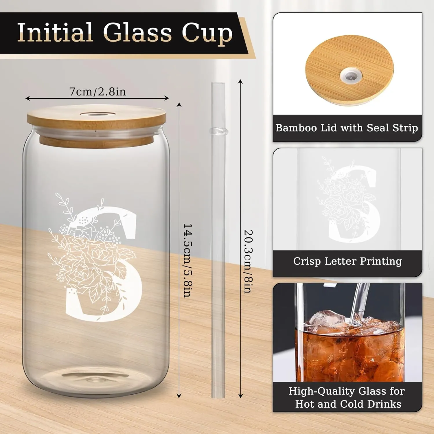 Custom Glass Cup & Makeup Bag Set - Personalized Gifts for Women, Initial 16 oz Glass Tumbler with Lid & Straw, Monogram Makeup Bag - Birthday Gifts For Women, Mother's Day Presents(S)