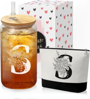Custom Glass Cup & Makeup Bag Set - Personalized Gifts for Women, Initial 16 oz Glass Tumbler with Lid & Straw, Monogram Makeup Bag - Birthday Gifts For Women, Mother's Day Presents(S)