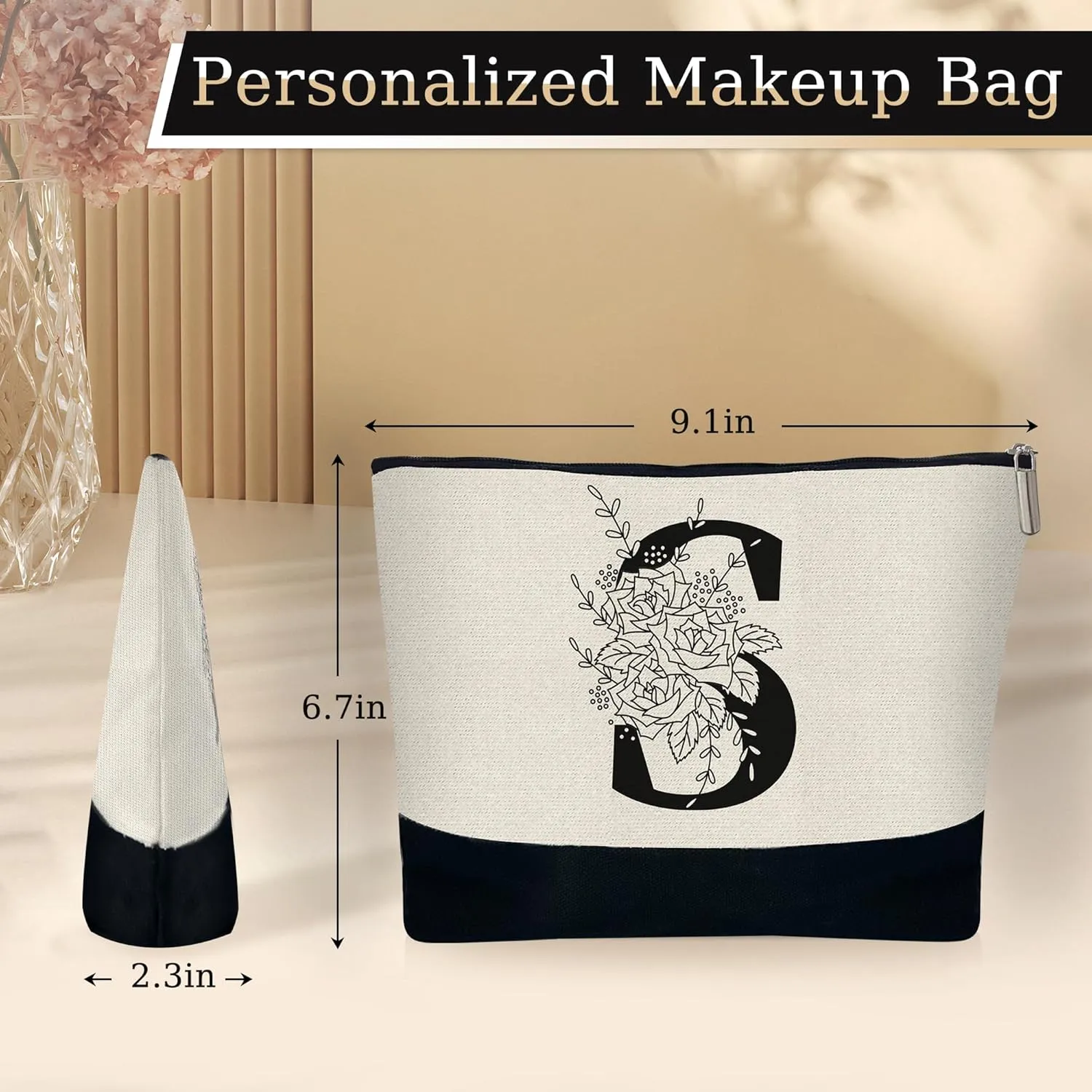 Custom Glass Cup & Makeup Bag Set - Personalized Gifts for Women, Initial 16 oz Glass Tumbler with Lid & Straw, Monogram Makeup Bag - Birthday Gifts For Women, Mother's Day Presents(S)