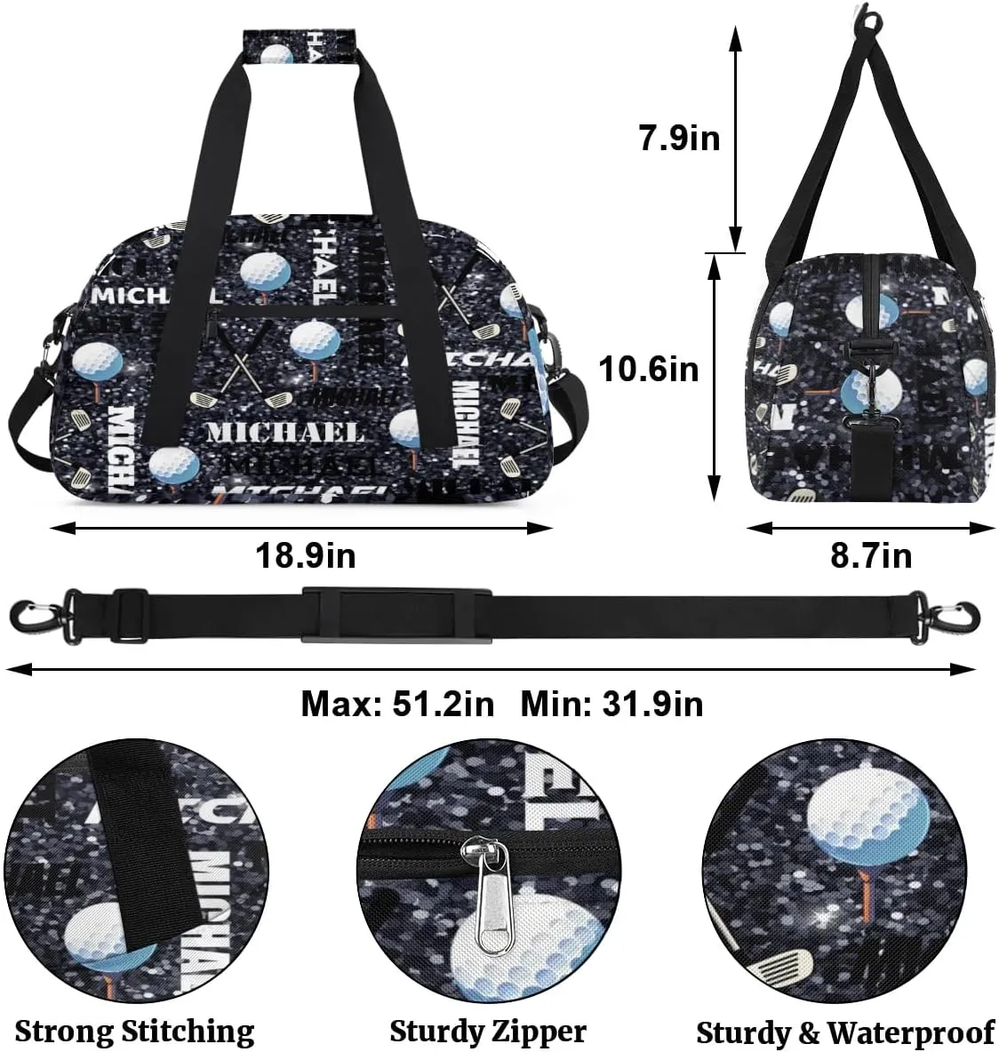 Custom Golf Gym Bag Duffel Bag for Women Men, Personalized Name Sport Bag Overnight Bags Customized Travel Weekender Bag, Dark Glitter