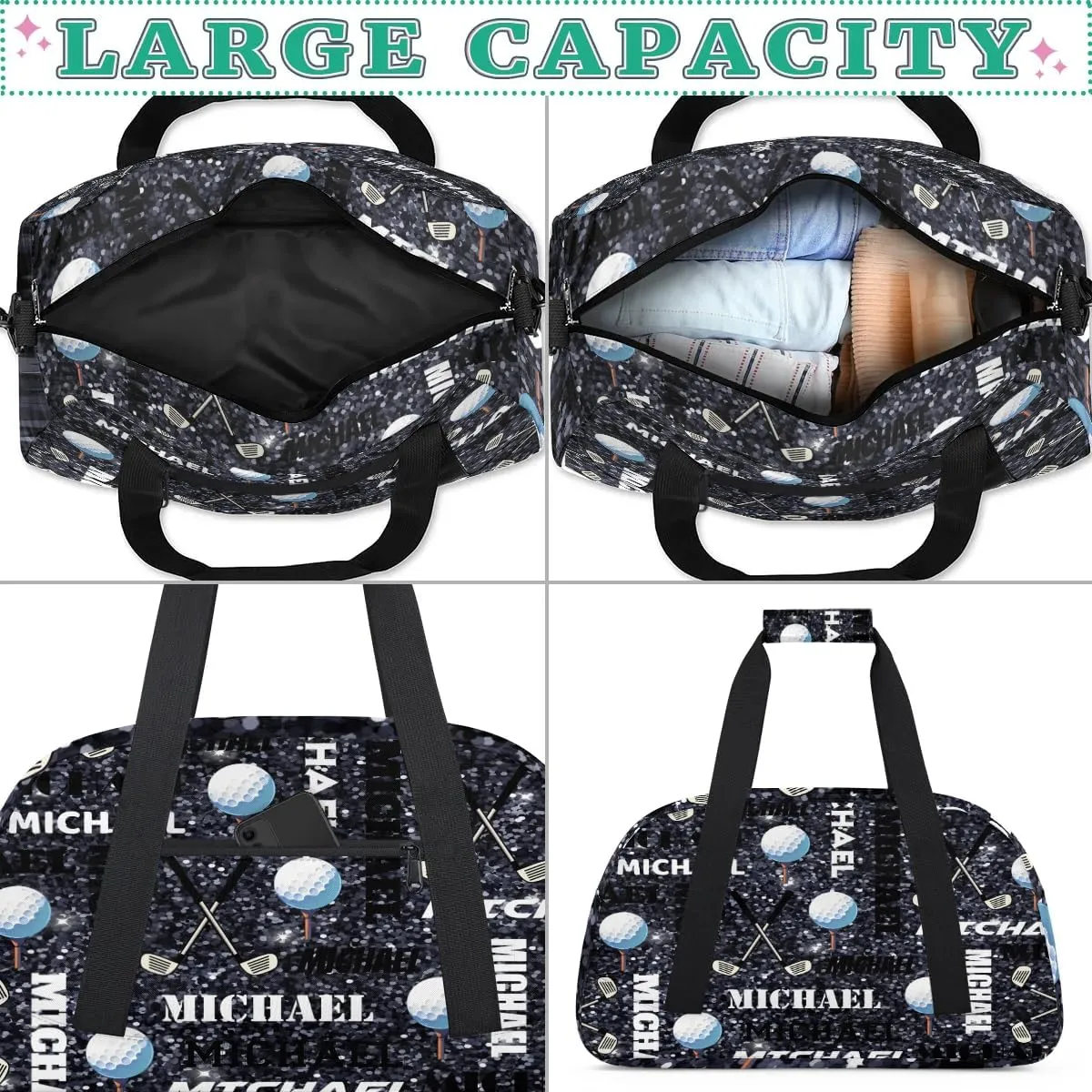 Custom Golf Gym Bag Duffel Bag for Women Men, Personalized Name Sport Bag Overnight Bags Customized Travel Weekender Bag, Dark Glitter