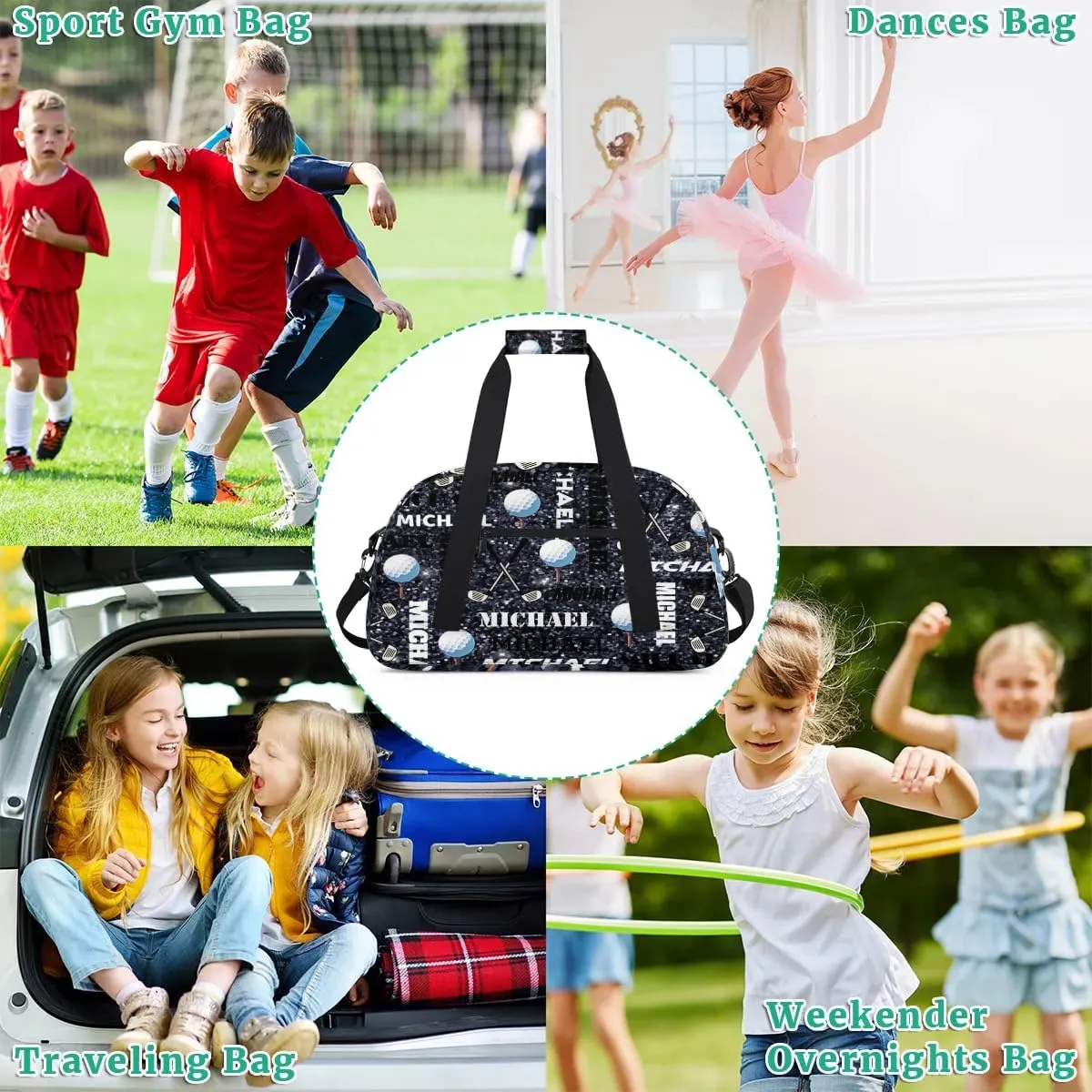 Custom Golf Gym Bag Duffel Bag for Women Men, Personalized Name Sport Bag Overnight Bags Customized Travel Weekender Bag, Dark Glitter