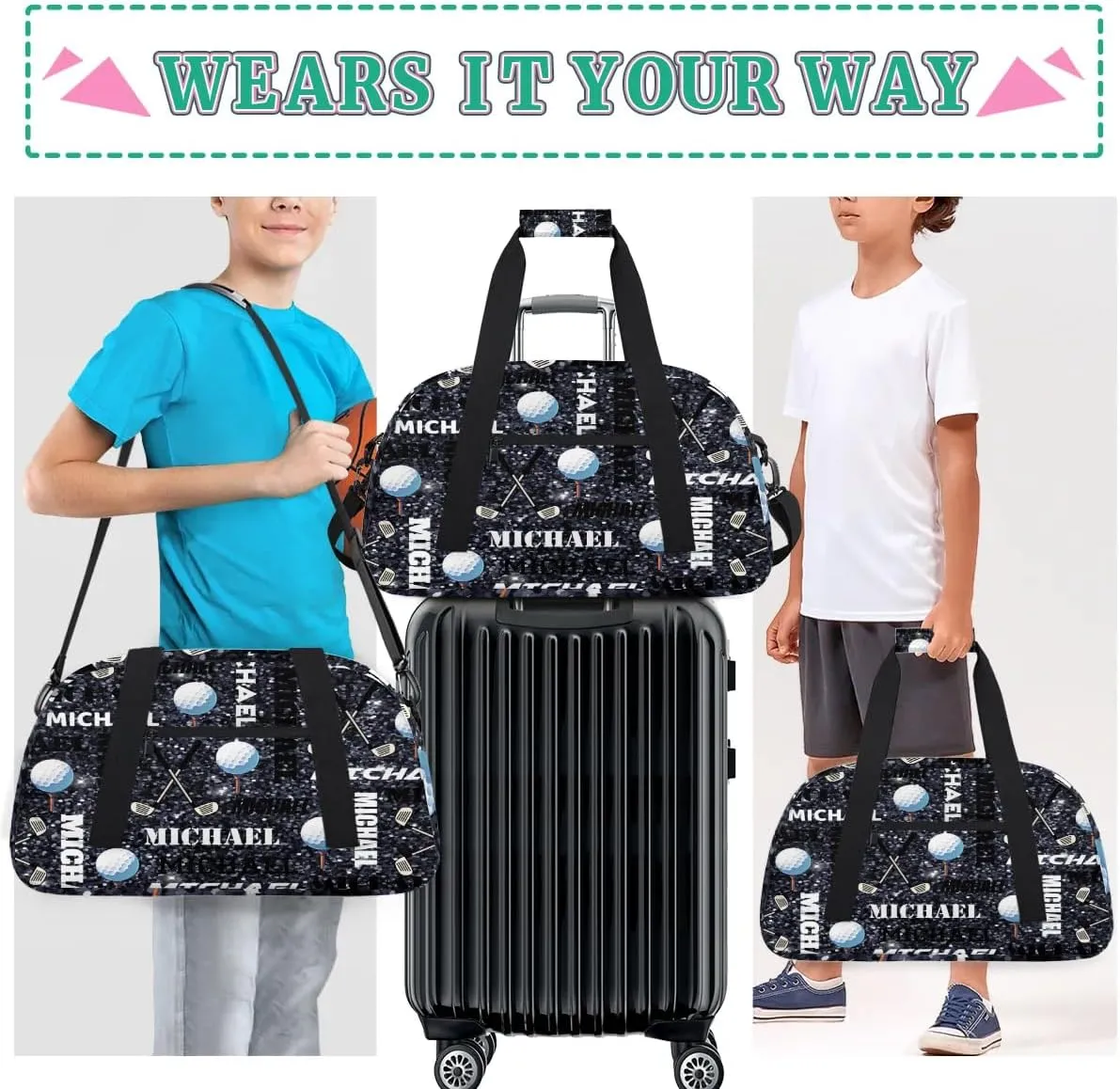 Custom Golf Gym Bag Duffel Bag for Women Men, Personalized Name Sport Bag Overnight Bags Customized Travel Weekender Bag, Dark Glitter
