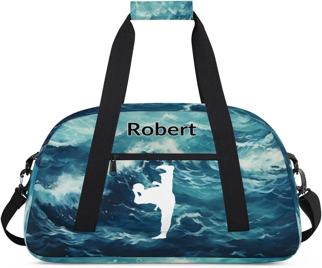 Custom Gym Bag for Kids Boys, Personalized Sports Gym Bag for Teens Men Waterproof Weekender Carry Practice Travel Player Training Bag, Taekwondo Painted Sea Wave