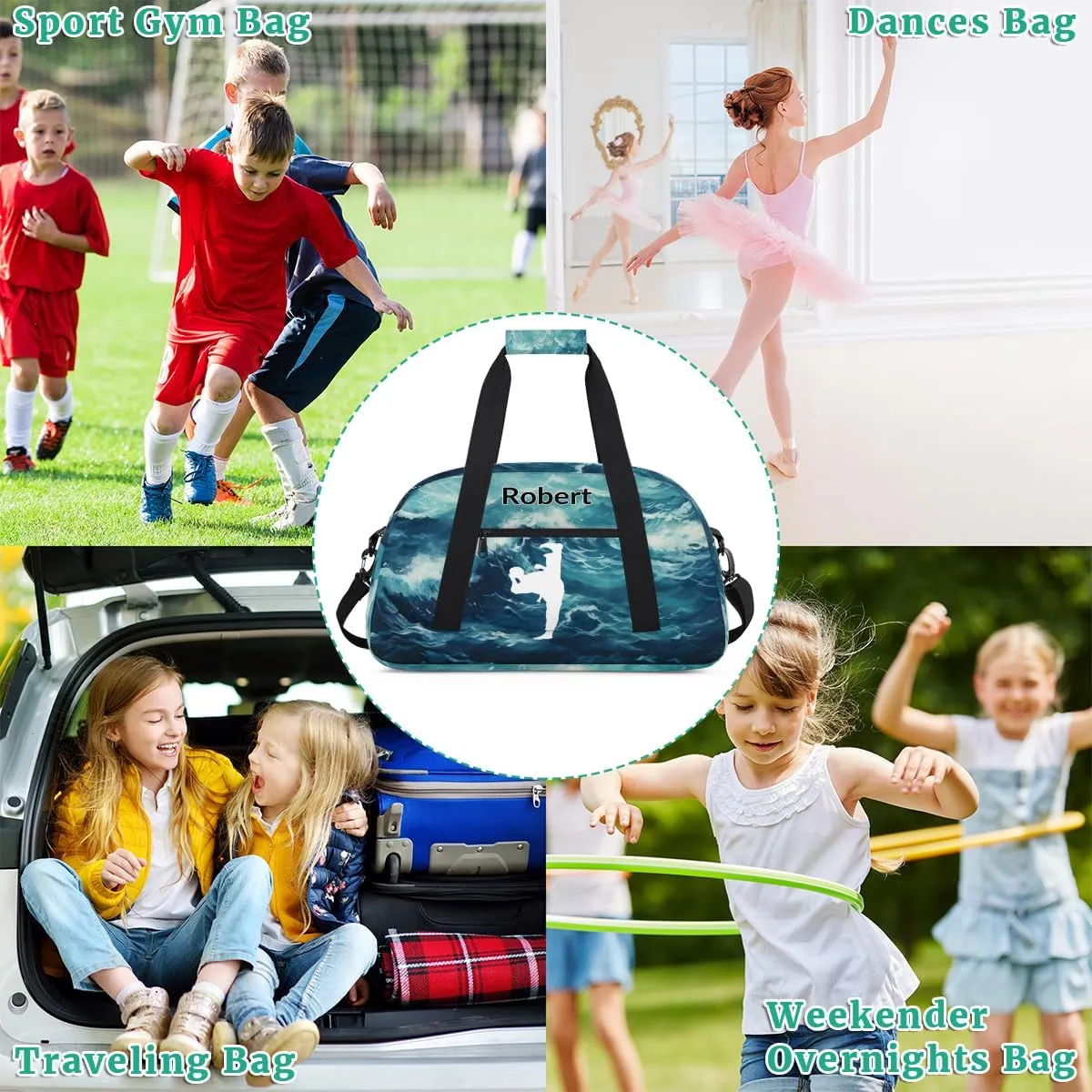 Custom Gym Bag for Kids Boys, Personalized Sports Gym Bag for Teens Men Waterproof Weekender Carry Practice Travel Player Training Bag, Taekwondo Painted Sea Wave