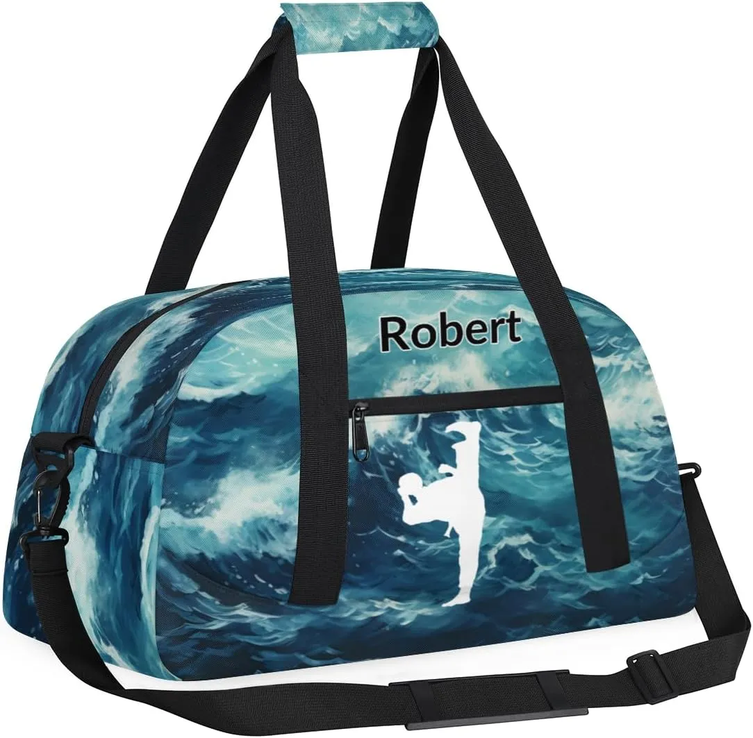 Custom Gym Bag for Kids Boys, Personalized Sports Gym Bag for Teens Men Waterproof Weekender Carry Practice Travel Player Training Bag, Taekwondo Painted Sea Wave