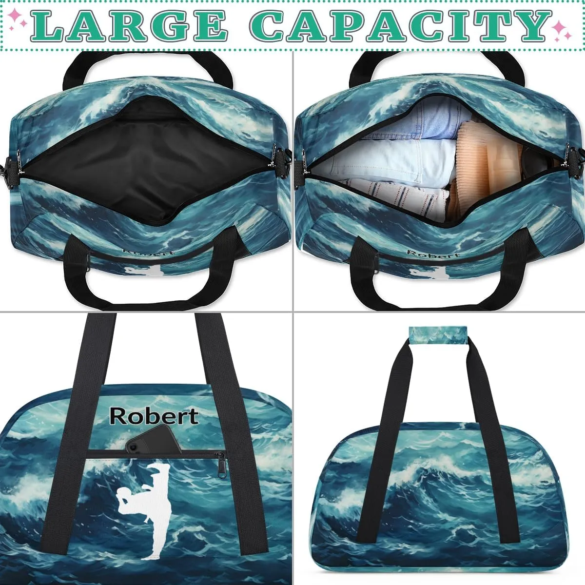 Custom Gym Bag for Kids Boys, Personalized Sports Gym Bag for Teens Men Waterproof Weekender Carry Practice Travel Player Training Bag, Taekwondo Painted Sea Wave