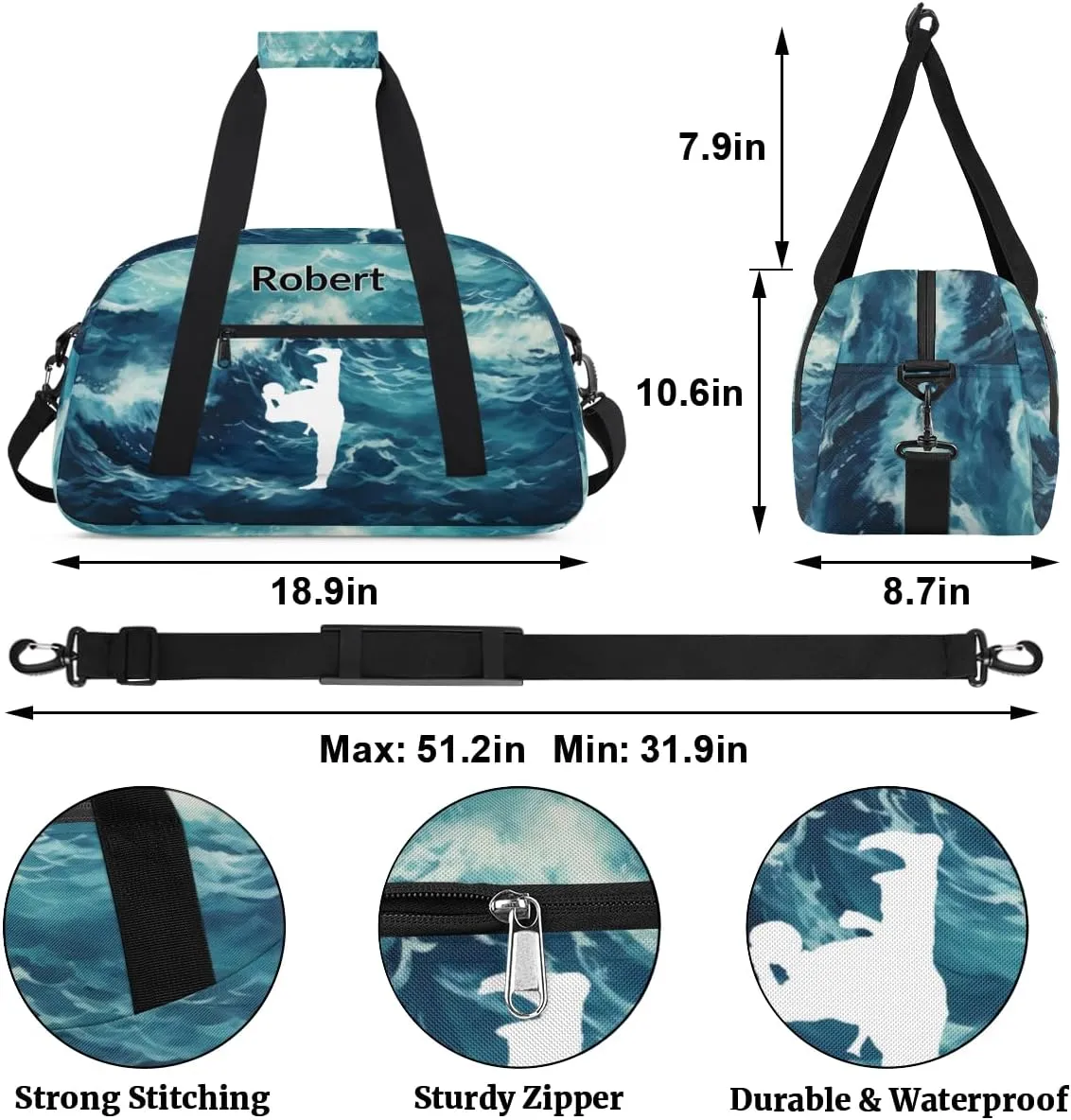 Custom Gym Bag for Kids Boys, Personalized Sports Gym Bag for Teens Men Waterproof Weekender Carry Practice Travel Player Training Bag, Taekwondo Painted Sea Wave
