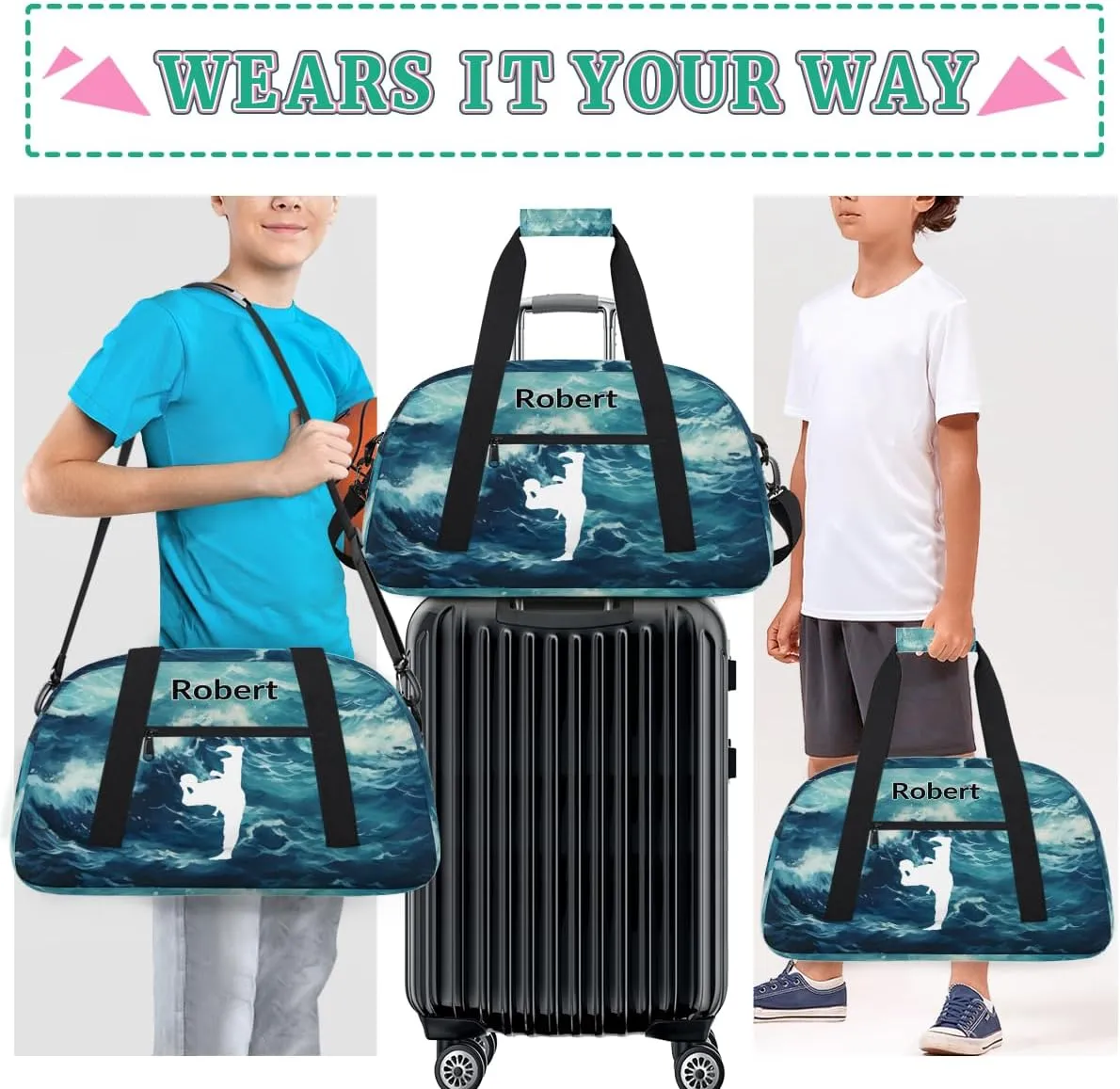 Custom Gym Bag for Kids Boys, Personalized Sports Gym Bag for Teens Men Waterproof Weekender Carry Practice Travel Player Training Bag, Taekwondo Painted Sea Wave