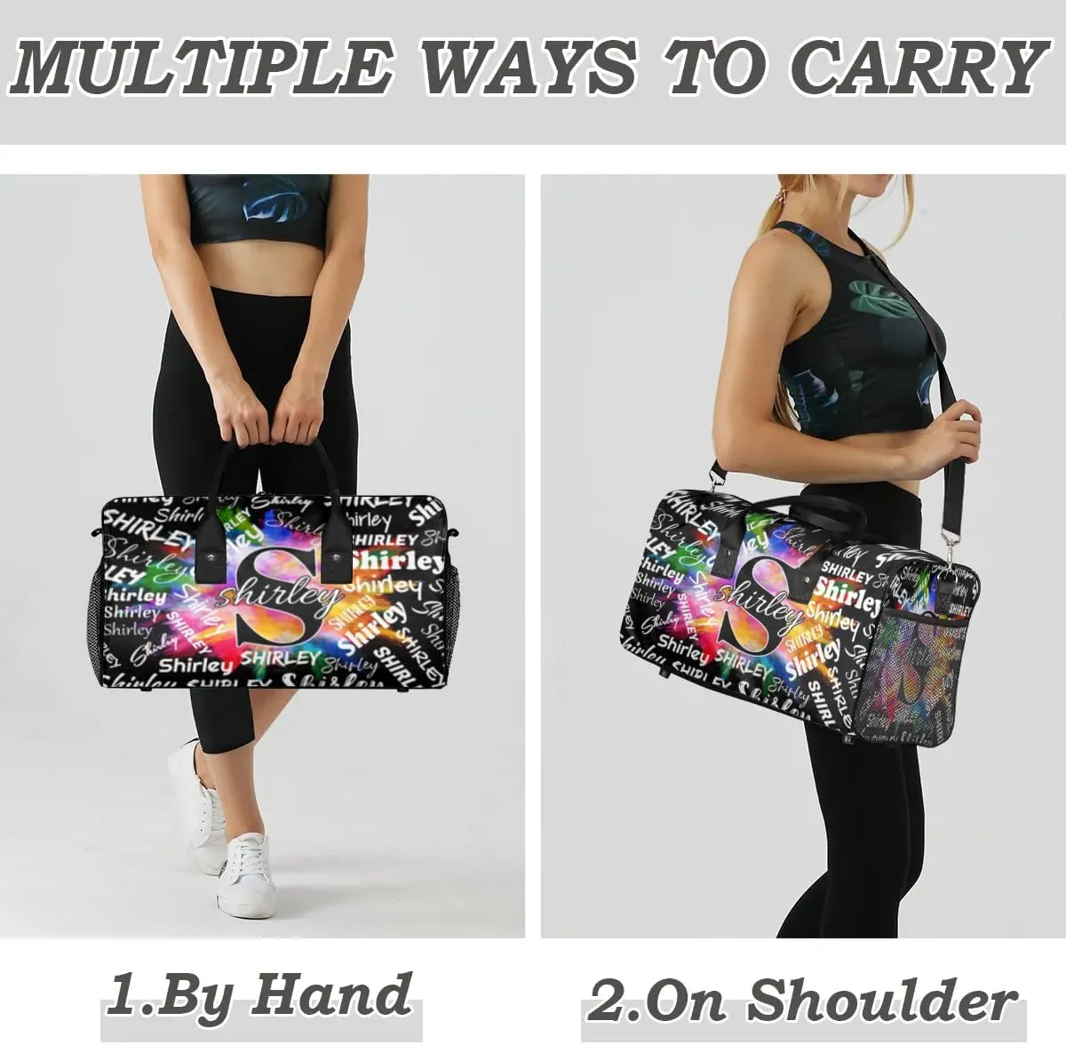Custom Gym Bag Sports Bag, Personalized Name Duffel Bag Travel Weekender Bags Waterproof Overnight Carry on Bag with Name, Black Colorful