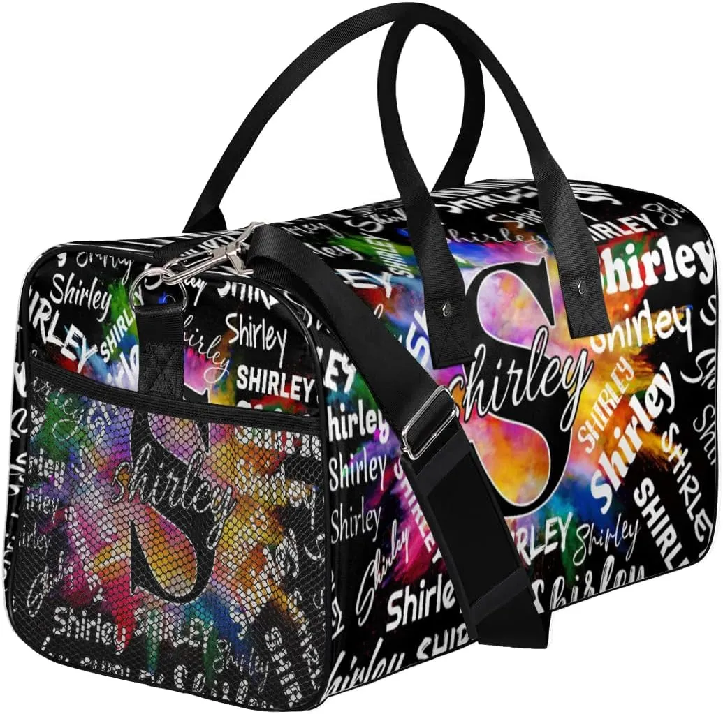 Custom Gym Bag Sports Bag, Personalized Name Duffel Bag Travel Weekender Bags Waterproof Overnight Carry on Bag with Name, Black Colorful