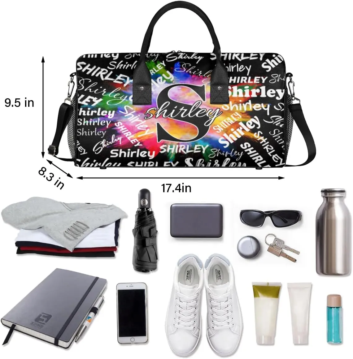 Custom Gym Bag Sports Bag, Personalized Name Duffel Bag Travel Weekender Bags Waterproof Overnight Carry on Bag with Name, Black Colorful