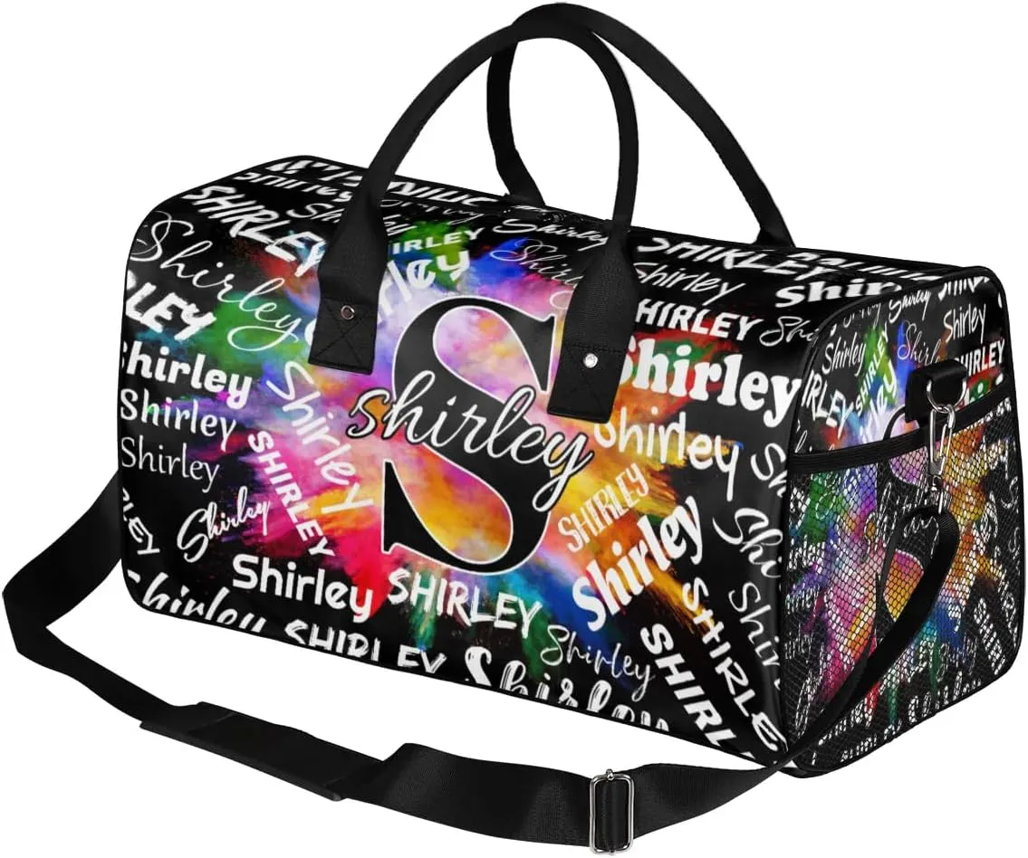 Custom Gym Bag Sports Bag, Personalized Name Duffel Bag Travel Weekender Bags Waterproof Overnight Carry on Bag with Name, Black Colorful
