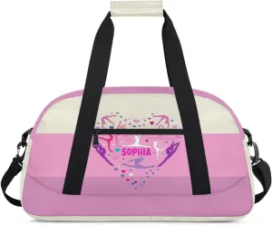 Custom Gym Dance Bag, Personalized Sports Bag for Teens Gym Silhouette Love Heart Beige Pink Waterproof Weekender Carry Practice Travel Bag