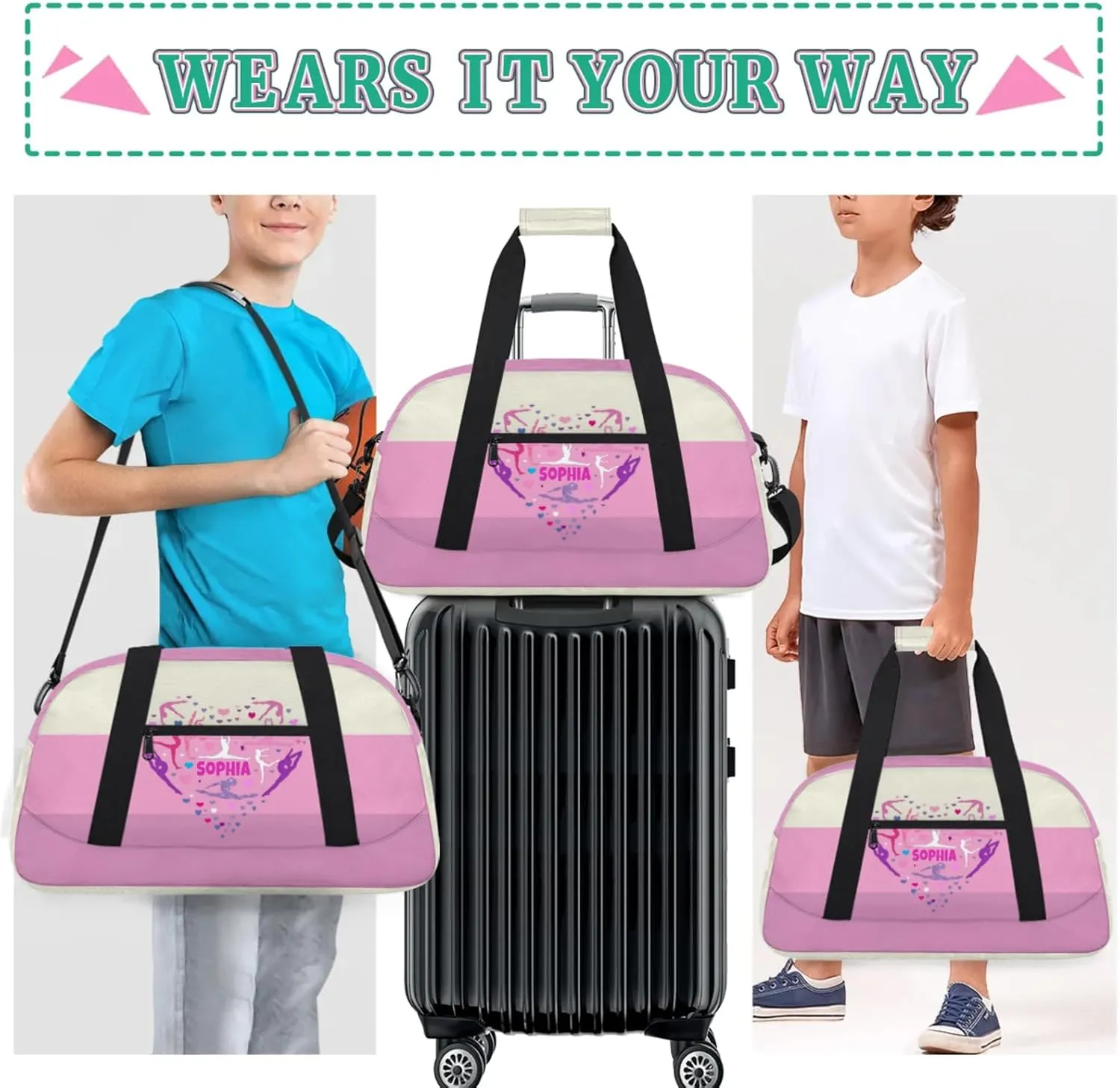 Custom Gym Dance Bag, Personalized Sports Bag for Teens Gym Silhouette Love Heart Beige Pink Waterproof Weekender Carry Practice Travel Bag