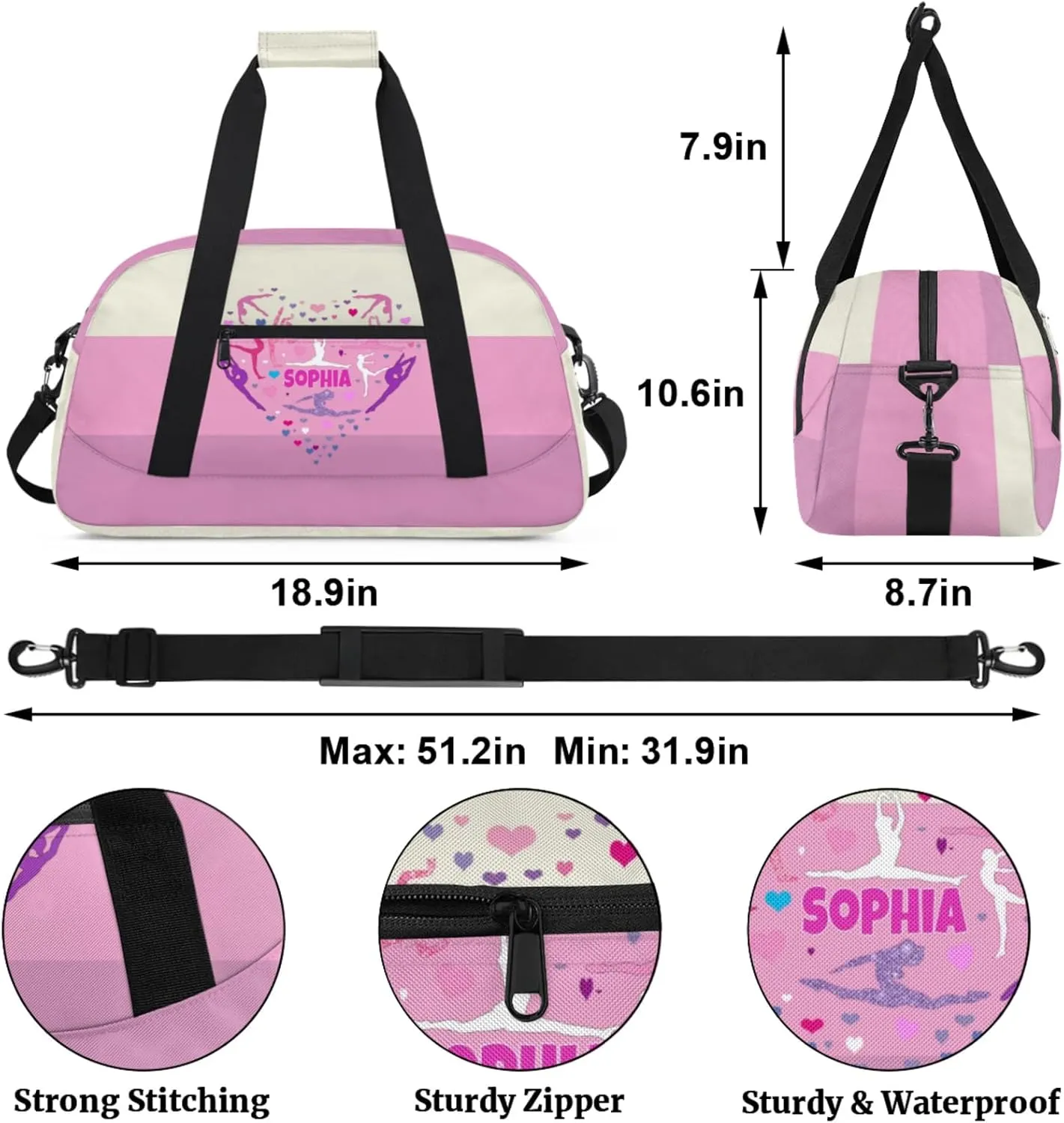 Custom Gym Dance Bag, Personalized Sports Bag for Teens Gym Silhouette Love Heart Beige Pink Waterproof Weekender Carry Practice Travel Bag
