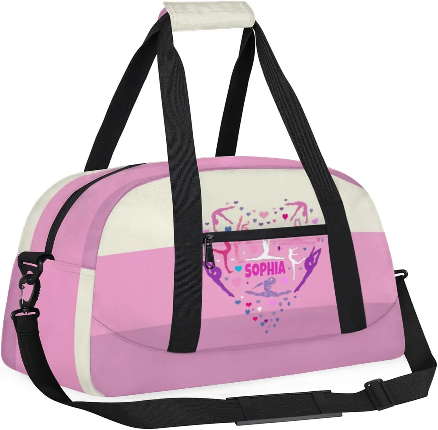Custom Gym Dance Bag, Personalized Sports Bag for Teens Gym Silhouette Love Heart Beige Pink Waterproof Weekender Carry Practice Travel Bag