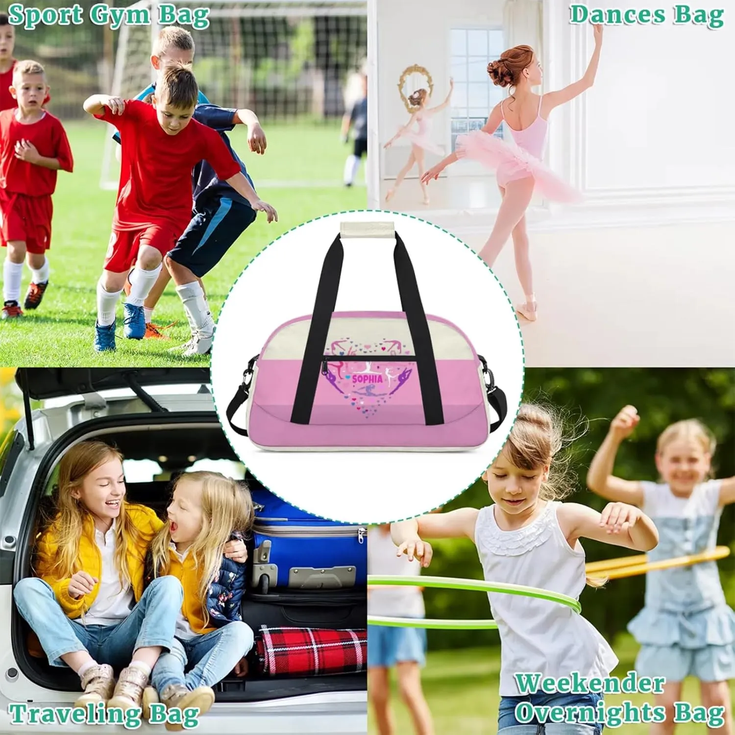 Custom Gym Dance Bag, Personalized Sports Bag for Teens Gym Silhouette Love Heart Beige Pink Waterproof Weekender Carry Practice Travel Bag