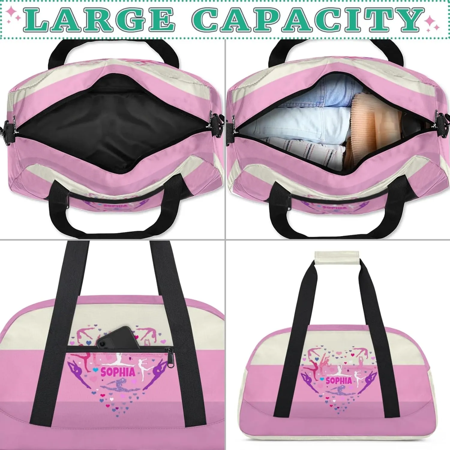 Custom Gym Dance Bag, Personalized Sports Bag for Teens Gym Silhouette Love Heart Beige Pink Waterproof Weekender Carry Practice Travel Bag