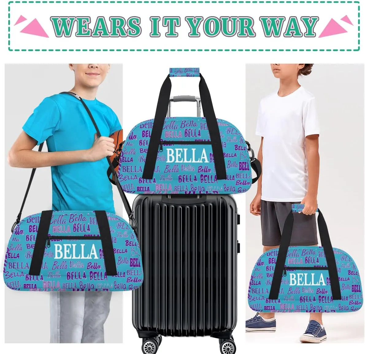 Custom Gymnastics Bag for Kids, Personalized Sports Gym Bag for Teens Boys Girls Waterproof Weekender Carry Practice Travel Bag, Lake Blue Solid Color