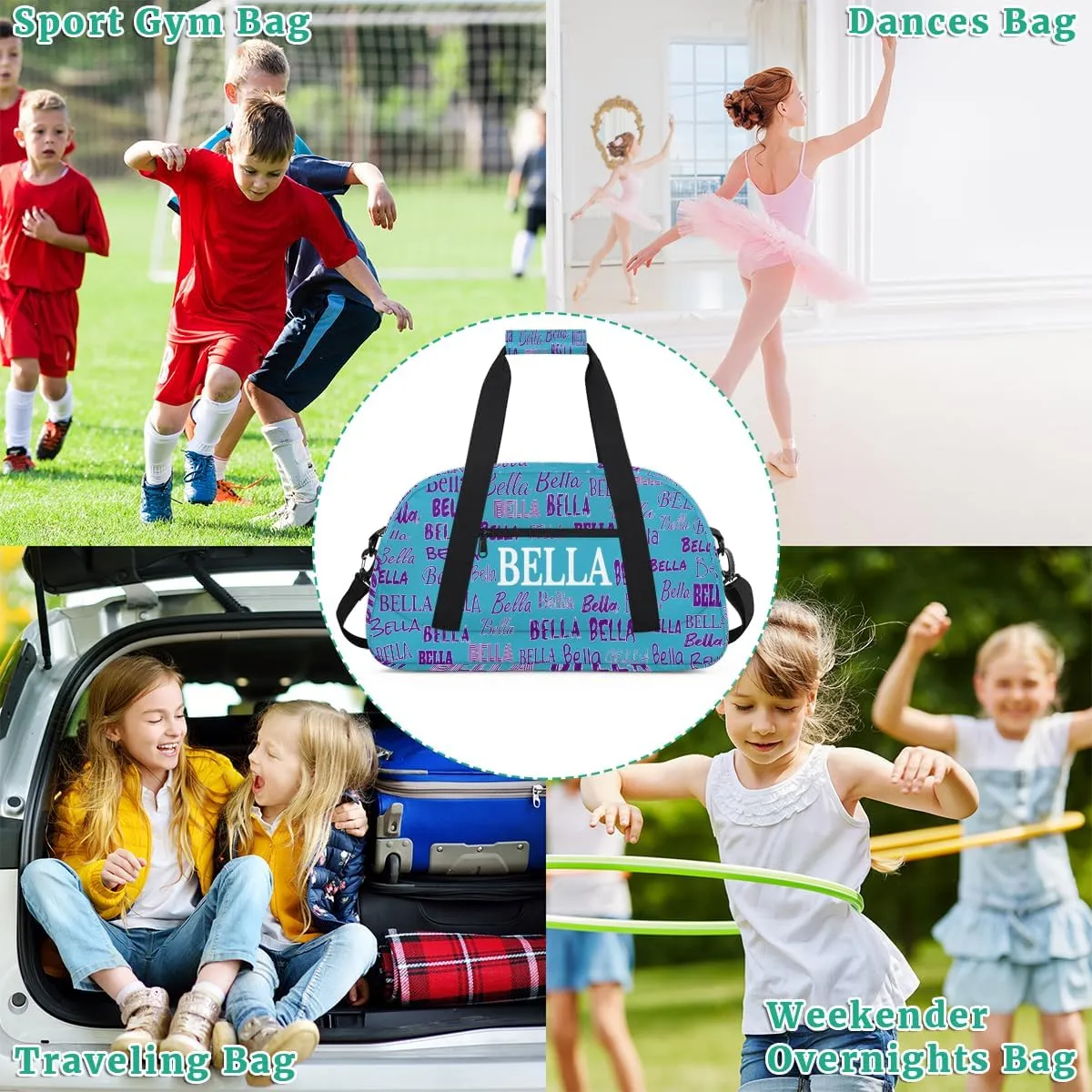 Custom Gymnastics Bag for Kids, Personalized Sports Gym Bag for Teens Boys Girls Waterproof Weekender Carry Practice Travel Bag, Lake Blue Solid Color