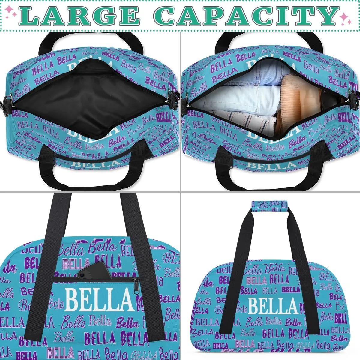Custom Gymnastics Bag for Kids, Personalized Sports Gym Bag for Teens Boys Girls Waterproof Weekender Carry Practice Travel Bag, Lake Blue Solid Color