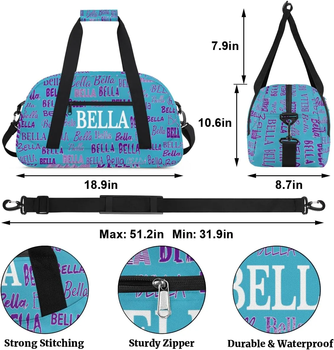 Custom Gymnastics Bag for Kids, Personalized Sports Gym Bag for Teens Boys Girls Waterproof Weekender Carry Practice Travel Bag, Lake Blue Solid Color