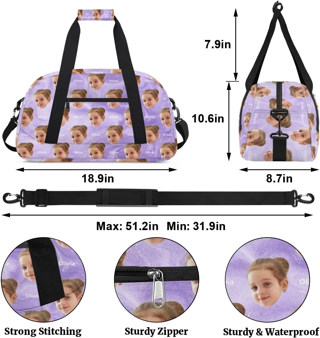 Custom Gymnastics Bag with Name and Photo, Personalized Sports Gym Bag for Teens Boys Girls Waterproof Weekender Carry Practice Travel Bag, Light Purple Sand Texture