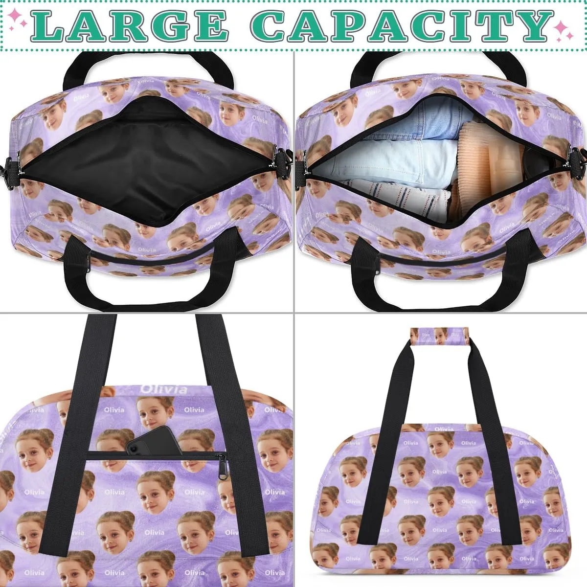 Custom Gymnastics Bag with Name and Photo, Personalized Sports Gym Bag for Teens Boys Girls Waterproof Weekender Carry Practice Travel Bag, Light Purple Sand Texture