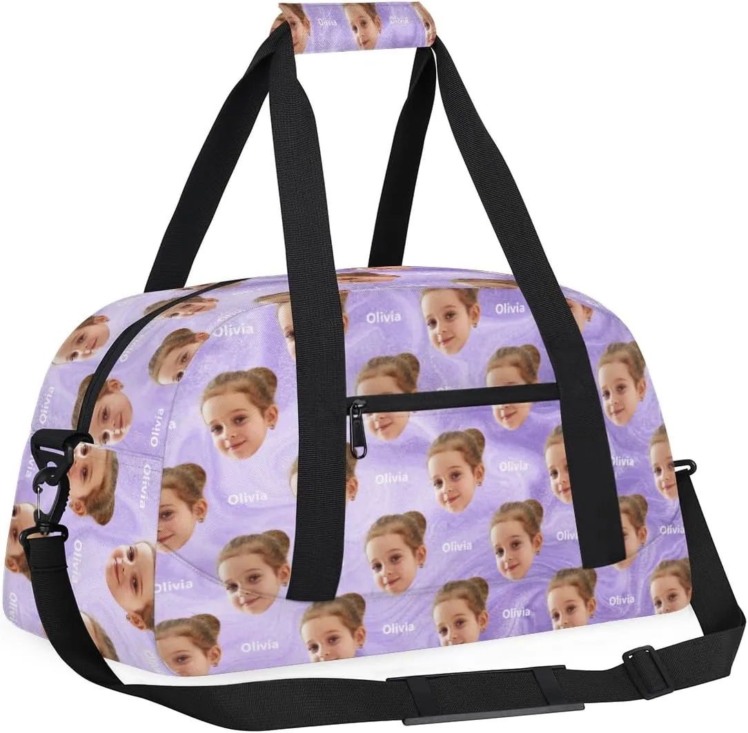 Custom Gymnastics Bag with Name and Photo, Personalized Sports Gym Bag for Teens Boys Girls Waterproof Weekender Carry Practice Travel Bag, Light Purple Sand Texture