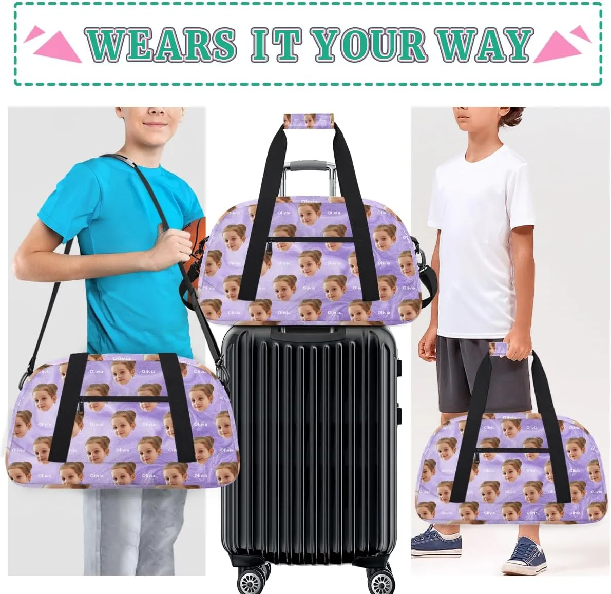 Custom Gymnastics Bag with Name and Photo, Personalized Sports Gym Bag for Teens Boys Girls Waterproof Weekender Carry Practice Travel Bag, Light Purple Sand Texture