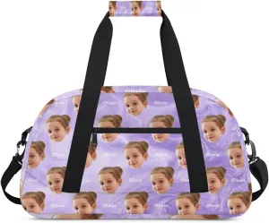 Custom Gymnastics Bag with Name and Photo, Personalized Sports Gym Bag for Teens Boys Girls Waterproof Weekender Carry Practice Travel Bag, Light Purple Sand Texture