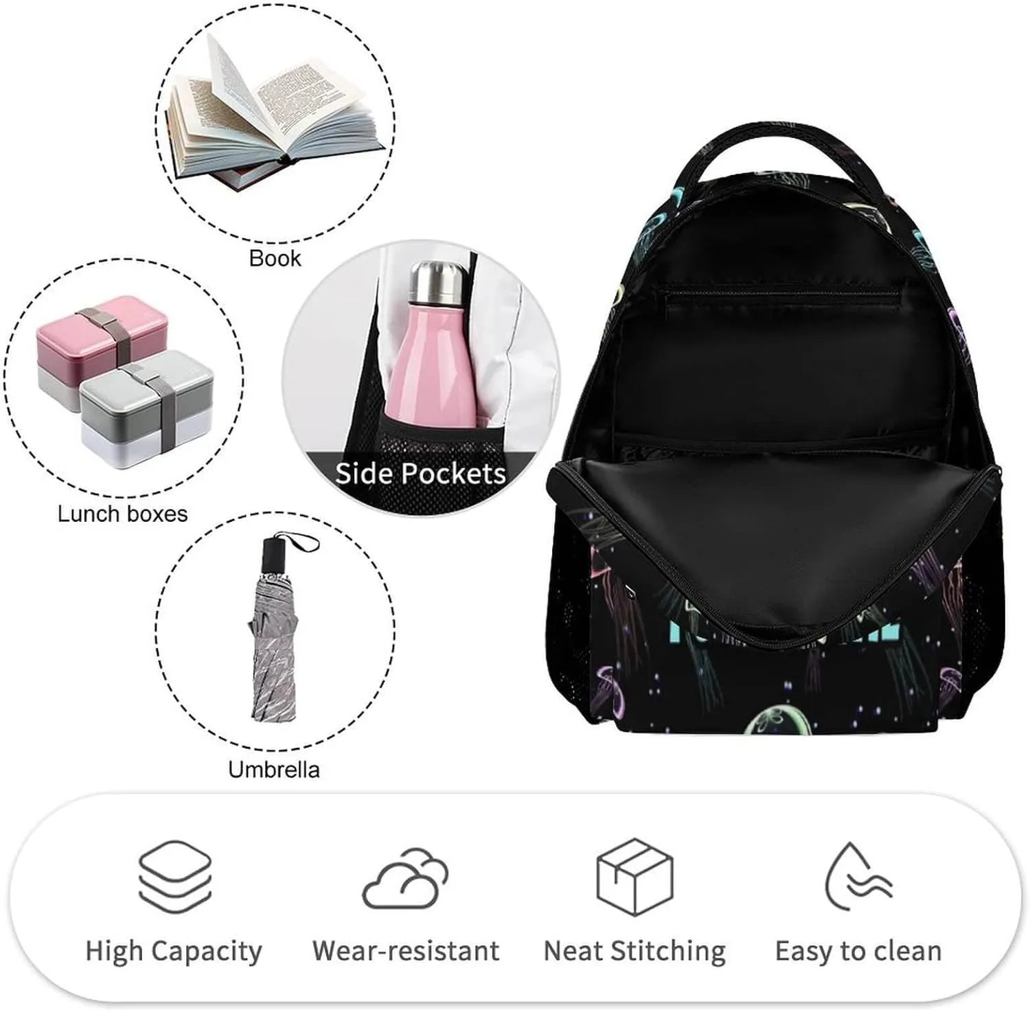 Custom Jellyfish Backpack for Kids Girls Boys School, 16 Inches Cute Jellyfishes Theme Bookbag, Adjustable, Lightweight, Large Capacity, Colorful Daily Casual Backpacks