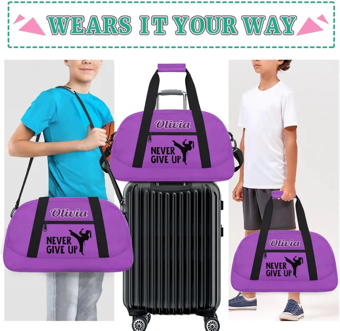 Custom Karate Sports Gym Bag for Girls Boys, Overnight Duffel Bags Cheerleader for Kids Personalized Dance Bag, Gymnastics Duffel Bag - Taekwondo