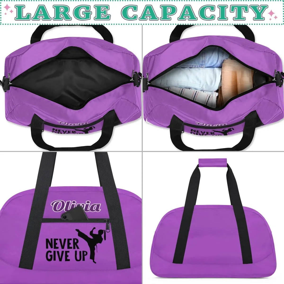 Custom Karate Sports Gym Bag for Girls Boys, Overnight Duffel Bags Cheerleader for Kids Personalized Dance Bag, Gymnastics Duffel Bag - Taekwondo