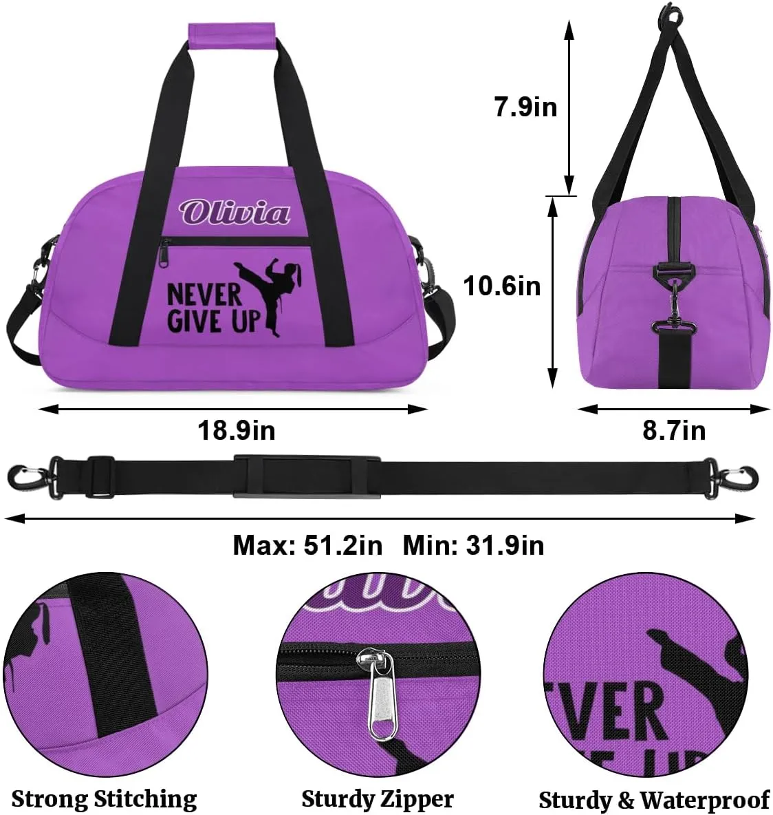 Custom Karate Sports Gym Bag for Girls Boys, Overnight Duffel Bags Cheerleader for Kids Personalized Dance Bag, Gymnastics Duffel Bag - Taekwondo
